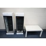 TWO WHITE FINISH DISPLAY CABINETS, width 40cm x depth 38cm x height 126cm, and a white finish coffee