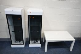 TWO WHITE FINISH DISPLAY CABINETS, width 40cm x depth 38cm x height 126cm, and a white finish coffee