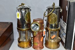 THREE MINERS LAMPS, comprising a copper and brass 'THE CEAG MINERS SUPPLY CO LTD BARNSLEY TYPE B E.