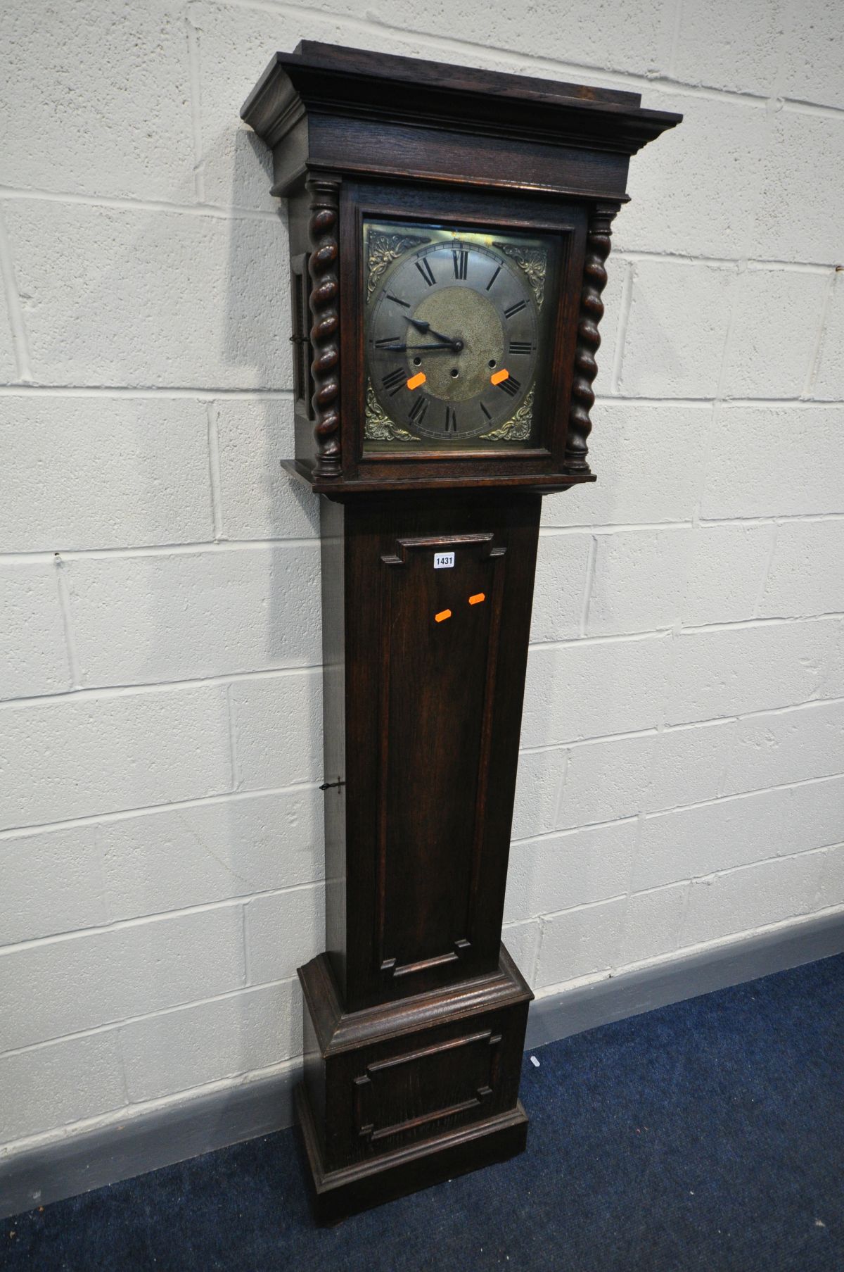 AN EARLY TO MID 20TH CENTURY OAK LONGCASE CLOCK, with a 9 inch brass and silvered dial, height 189cm