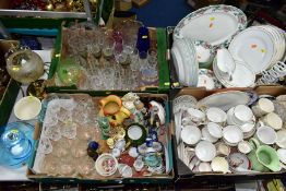 FOUR BOXES AND LOOSE CERAMICS, GLASSWARE, ETC, including Royal Doulton 'Floradora Green' pattern