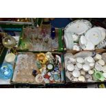 FOUR BOXES AND LOOSE CERAMICS, GLASSWARE, ETC, including Royal Doulton 'Floradora Green' pattern