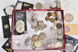 A SMALL BOX CONTAINING UK COINS AND COMMEMORATIVES, to include around 65 x .92 silver 3D coins,