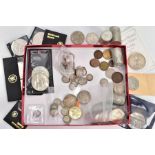 A SMALL BOX CONTAINING UK COINS AND COMMEMORATIVES, to include around 65 x .92 silver 3D coins,