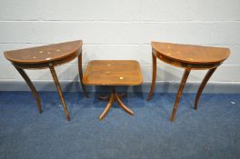 TWO REPRODUX D END OCCASSIONAL TABLES on splayed legs and a square pedestal table (3)