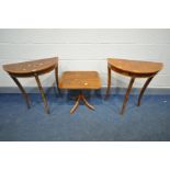 TWO REPRODUX D END OCCASSIONAL TABLES on splayed legs and a square pedestal table (3)