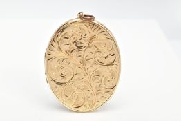 A 9CT GOLD LOCKET, an oval locket embossed with a foliate and scroll design, engraved on the rear