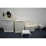 A FRENCH CREAM BEDROOM SUITE, comprising a tall chest of seven drawers, width 79cm x depth 49cm x