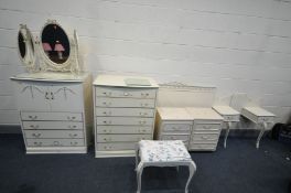 A FRENCH CREAM BEDROOM SUITE, comprising a tall chest of seven drawers, width 79cm x depth 49cm x