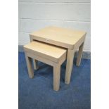 A WINSOR TIBRO OAK NEST OF TWO TABLES, new and unused condition, largest table width 55.5cm x