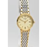 A LADYS ROTARY QUARTZ WRISTWATCH, round cream dial signed 'Rotary', baton markers, date window at