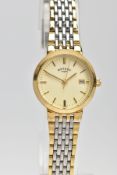 A LADYS ROTARY QUARTZ WRISTWATCH, round cream dial signed 'Rotary', baton markers, date window at