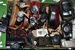 A BOX OF CAMERAS AND BINOCULARS, the binoculars comprising Hanimex 10 x 50, Super Zenith 20 x 50,