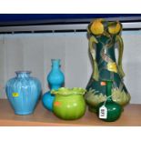 FIVE PIECES OF ART POTTERY, including a heavily damaged Burmanftofts Faience three handled vase, Art