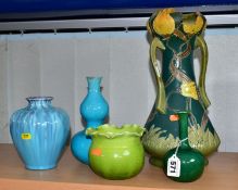 FIVE PIECES OF ART POTTERY, including a heavily damaged Burmanftofts Faience three handled vase, Art