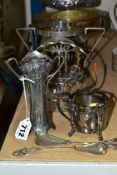 A GROUP OF WMF AND OTHER METALWARES, comprising a WMF Art Nouveau plated posy vase (missing glass