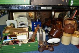 TWO BOXES AND LOOSE SUNDRY ITEMS ETC, to include cast metal Universal weighing scales with