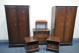 SIX PIECES OF STAG MINSTRAL BEDROOM FURNITURE comprising two double door wardrobes (one sun bleached