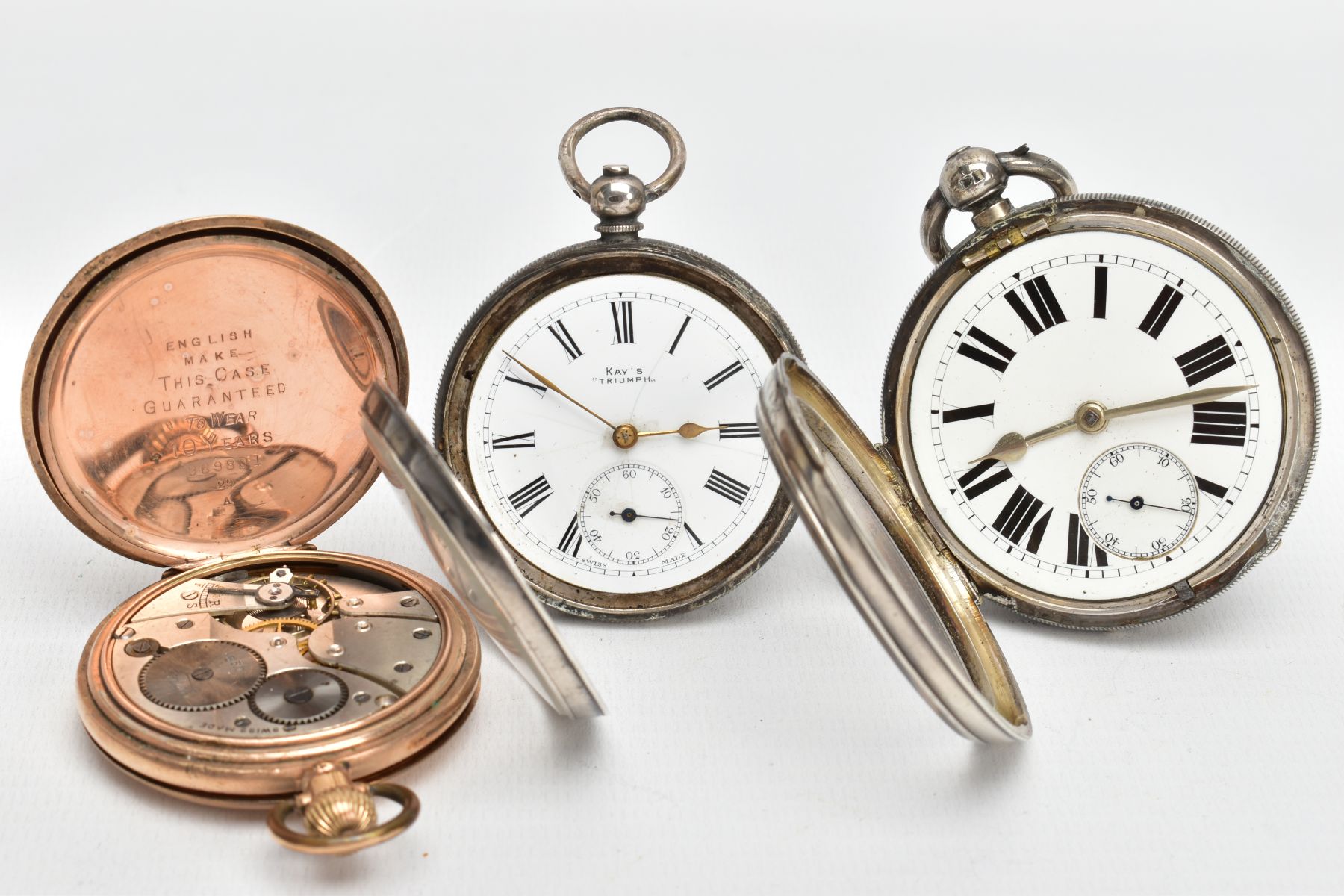 TWO SILVER POCKET WATCHES AND A YELLOW METAL WATCH, a silver pocket watch with a white dial, black - Bild 4 aus 7