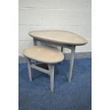 A WINSOR ARTISAN OAK TRIANGULAR NEST OF TWO TABLES, with a grey oil finish, new and unused