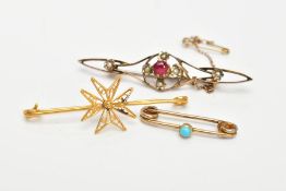 THREE BROOCHES, the first a wire bar brooch with central filigree Maltese star, with foreign assay