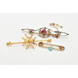 THREE BROOCHES, the first a wire bar brooch with central filigree Maltese star, with foreign assay