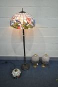 A TIFFANY STYLE STANDARD LAMP, height 153cm, tiffany style lamp shade and a pair of brassed table