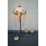 A TIFFANY STYLE STANDARD LAMP, height 153cm, tiffany style lamp shade and a pair of brassed table