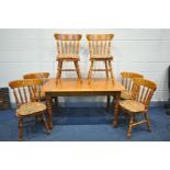 A MODERN PINE TABLE AND SIX CHAIRS table width 141cm x depth 83cm x height 77cm (condition:- some