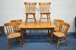 A MODERN PINE TABLE AND SIX CHAIRS table width 141cm x depth 83cm x height 77cm (condition:- some