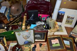 TWO BOXES AND WICKER BASKET OF SUNDRY ITEMS ETC, to include seven vintage Alfra Alessi stainless