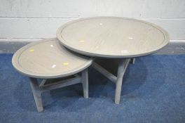 A WINSOR ARTISAN OAK CIRCULAR NEST OF TWO COFFEE TABLES, with a grey oil finish, new and unused