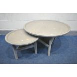 A WINSOR ARTISAN OAK CIRCULAR NEST OF TWO COFFEE TABLES, with a grey oil finish, new and unused