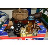 TWO BOXES AND LOOSE TECHNICAL INSTRUMENTS, KITCHENALIA, LAMP, METALWARES AND SUNDRY HOUSEHOLD ITEMS,