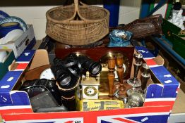 TWO BOXES AND LOOSE TECHNICAL INSTRUMENTS, KITCHENALIA, LAMP, METALWARES AND SUNDRY HOUSEHOLD ITEMS,