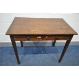 AN EARLY 20TH CENTURY OAK SIDE TABLE, with two drawers, on square tapered legs, width 93cm x depth