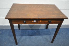 AN EARLY 20TH CENTURY OAK SIDE TABLE, with two drawers, on square tapered legs, width 93cm x depth