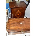 A VICTORIAN ROSEWOOD AND MOTHER OF PEARL INLAID WRITING SLOPE IN NEED OF RESTORATION AND AN
