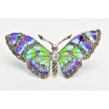 A PLIQUE A JOUR BUTTERFLY BROOCH, a white metal Plique a' Jour enamel brooch set with marcasite,