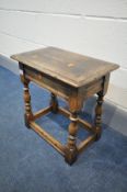 A REPRODUCTION SOLID OAK JOINT STOOL, width 46cm x depth 28cm x height 46cm