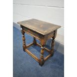 A REPRODUCTION SOLID OAK JOINT STOOL, width 46cm x depth 28cm x height 46cm