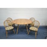 AN ERCOL WINDSOR ELM AND BEECH DROP LEAF DINING TABLE with tapered and flared square section legs,
