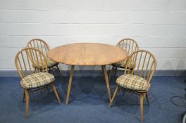 AN ERCOL WINDSOR ELM AND BEECH DROP LEAF DINING TABLE with tapered and flared square section legs,