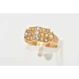 A LATE VICTORIAN 18CT GOLD DIAMOND AND SPLIT PEARL RING, designed with a central vertical row of