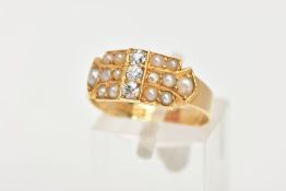 A LATE VICTORIAN 18CT GOLD DIAMOND AND SPLIT PEARL RING, designed with a central vertical row of