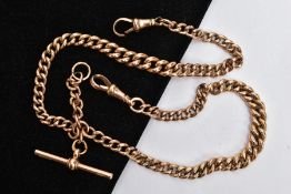 A 9CT GOLD ALBERT CHAIN, a curb link albert chain fitted with two dog clips and a T-bar, approximate