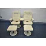 A PAIR OF CREAM LEATHER LOOK MASSAGING CHAIRS AND STOOLS with two remotes but only one power