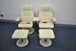 A PAIR OF CREAM LEATHER LOOK MASSAGING CHAIRS AND STOOLS with two remotes but only one power