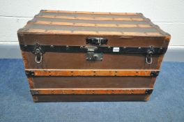 A WOODEN AND METAL BANDED STUDDED CANVAS CHEST, width 77cm x depth 47cm x height 50cm