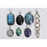 SEVEN ASSORTED SEMI-PRECIOUS GEMSTONE PENDANTS, seven white metal pendants set with stones such as